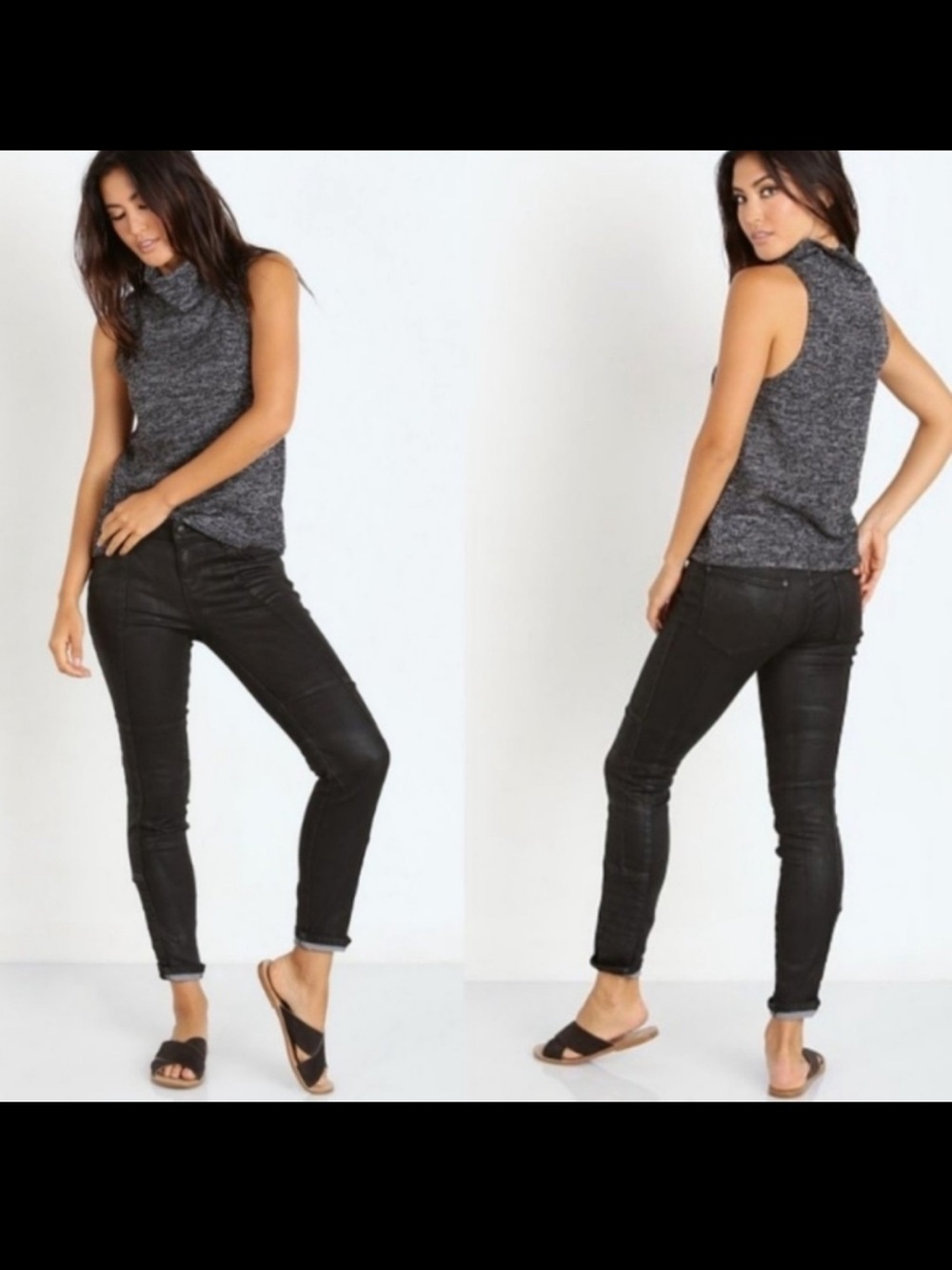 Free People Jillian Coated Moto Skinny Jeans – Black Stretch | Size 29
